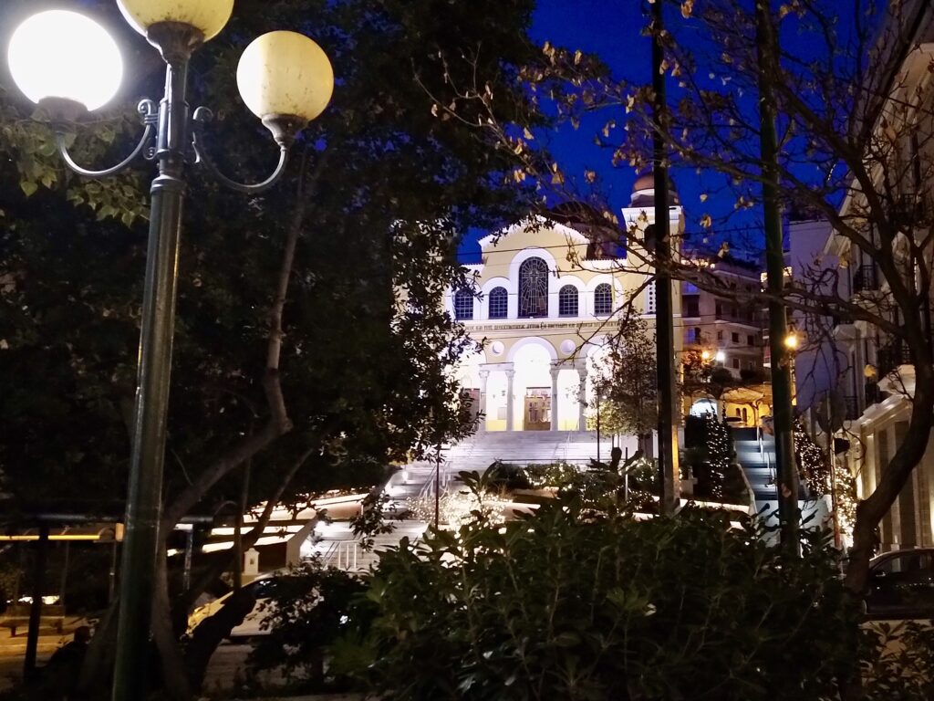 The Holy Church of Saint Spiridon at night in Pagkrati in Athens, photo by Sophie Huijts