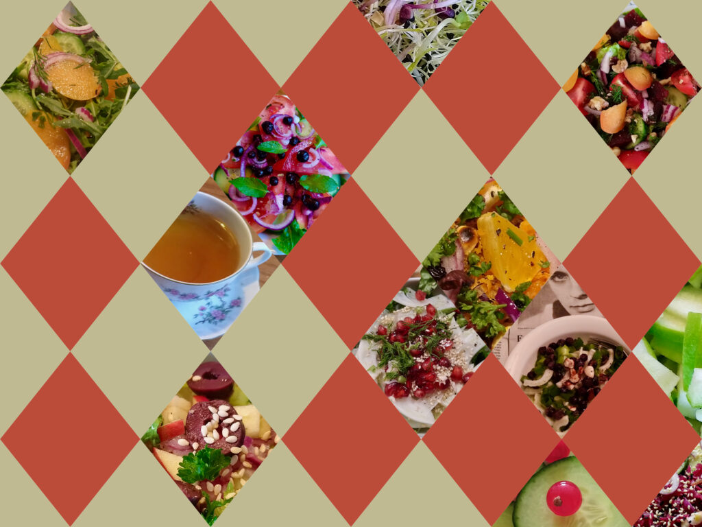 A collage with a basic diamond grid of red and green diamonds, some diamonds filled with colourful, photos of various salads, a cup of tea and a newspaper with Alain Delon. Collage and photos by Sophie Huijts
