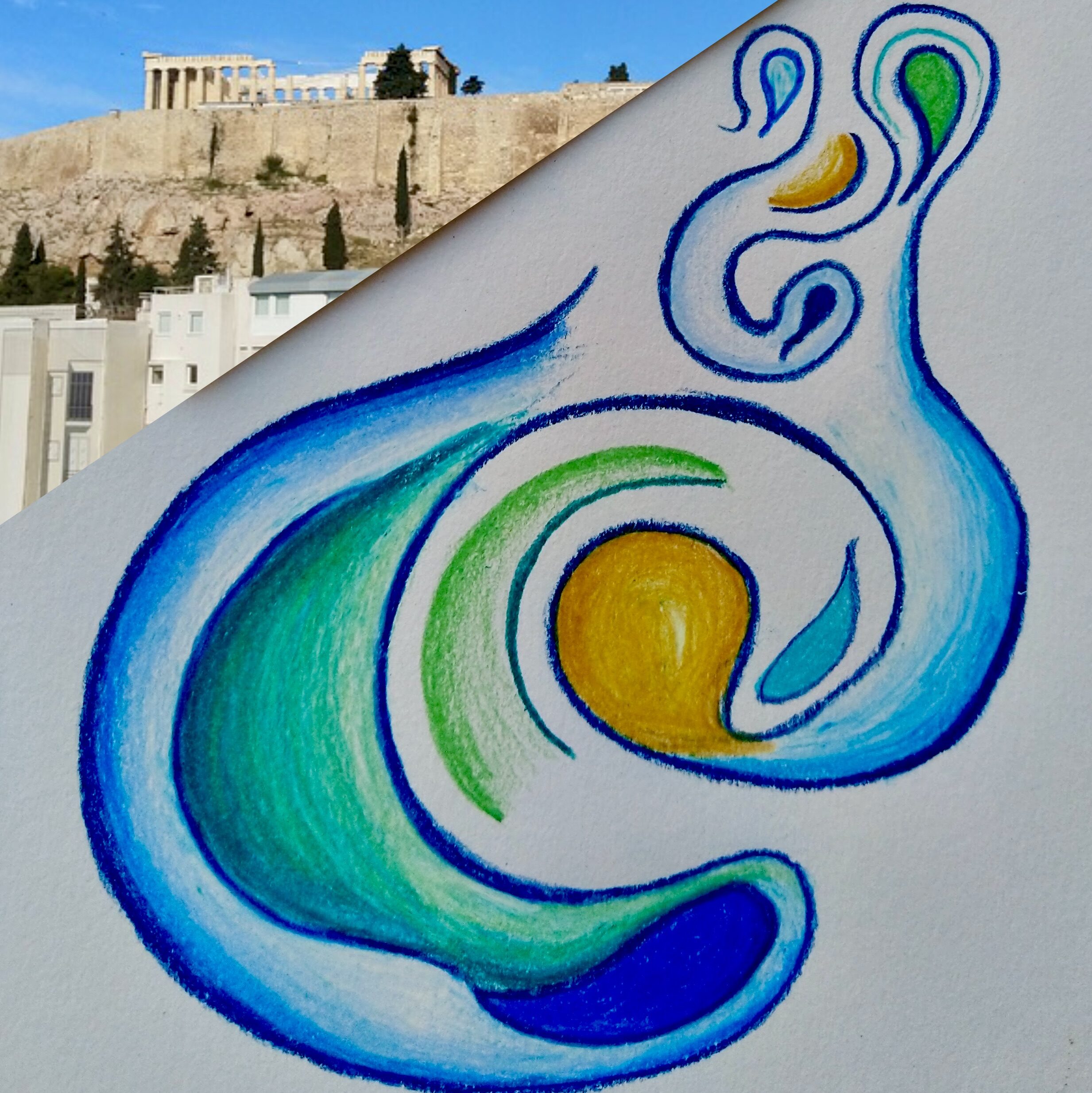 Abstract artwork in coloured pencil on paper inspired by the colours and flows of the water of the Greek sea, accompanied by a photo of the Acropolis and a business card of a Greek restaurant featuring a fish with the same palette of colours as the artwork, artwork, photo and composition of the whole collage by Sophie Huijts